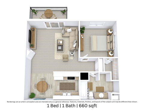 Floor plan for 1 bed, 1 bath, 660 sqft